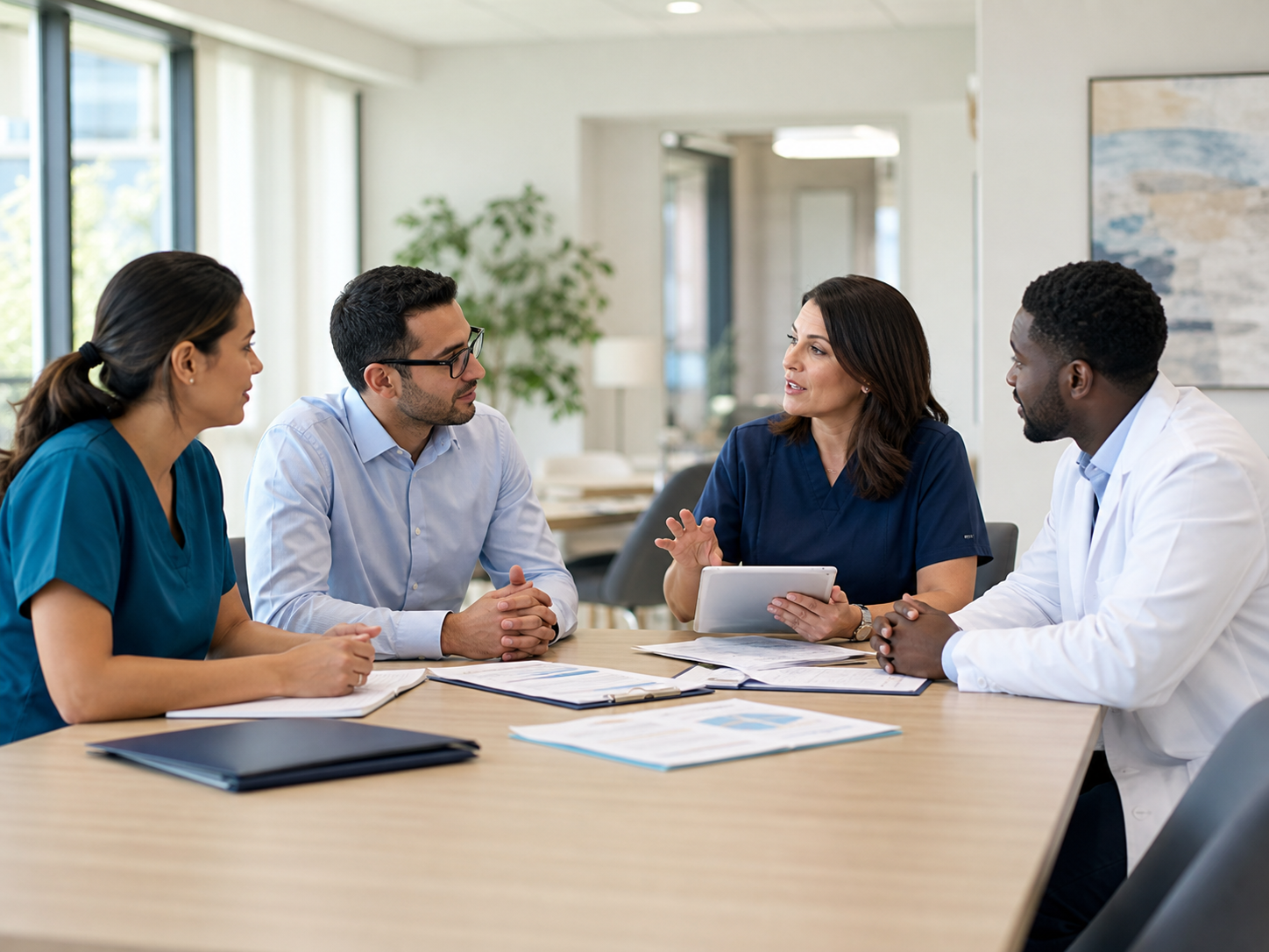 Home health agency coordinators discussing therapy staffing support